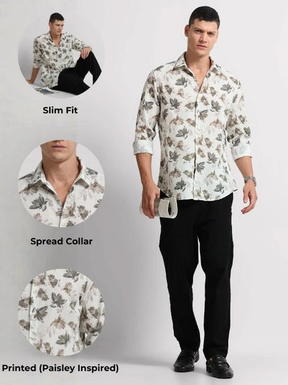 Cotton Linen Digital Printed Shirt Olive White