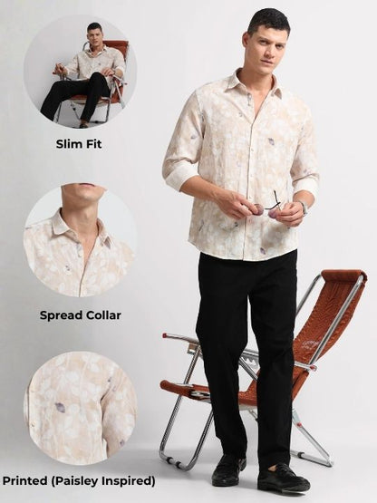 Cotton Linen Digital Printed Shirt Cream White