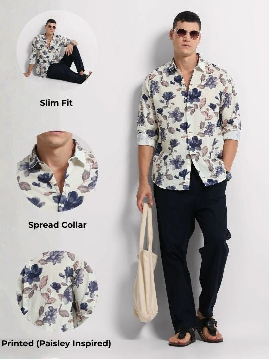 Cotton Linen Digital Printed Shirt Cream Beige