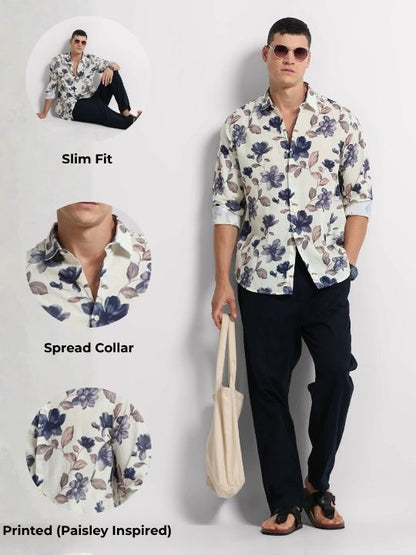 Cotton Linen Digital Printed Shirt Cream Beige