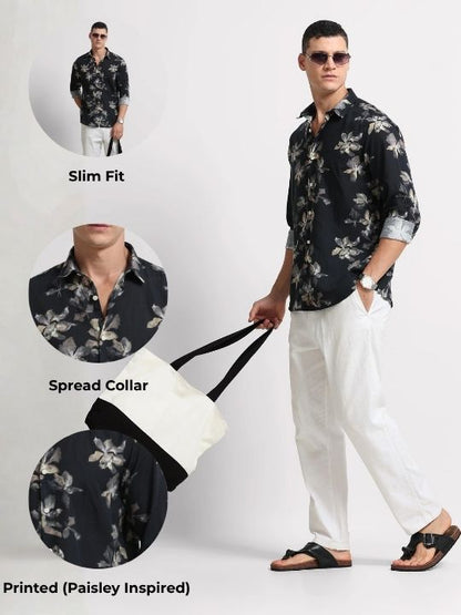 Cotton Linen Digital Printed Shirt Black Olive