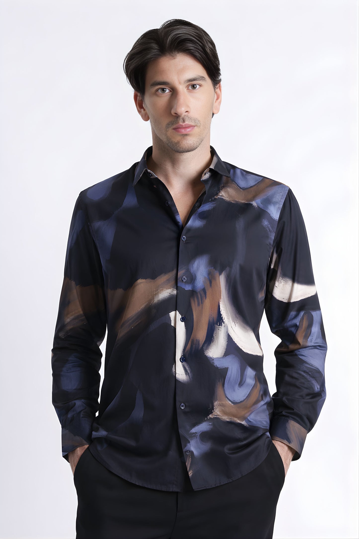 Floral Digital Print Shirt Navy Brown