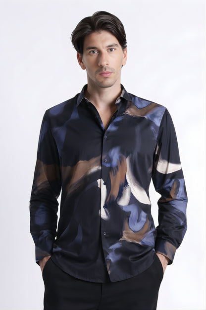 Floral Digital Print Shirt Navy Brown