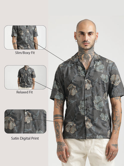 Printed Cotton Satin Shirt Dk grey