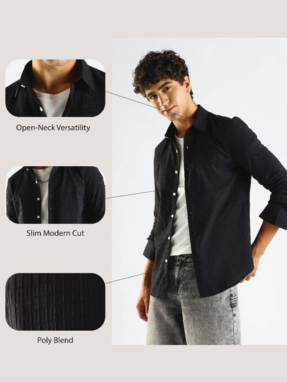 Self-Designed Poly Blend Slim Fit Shirt Black