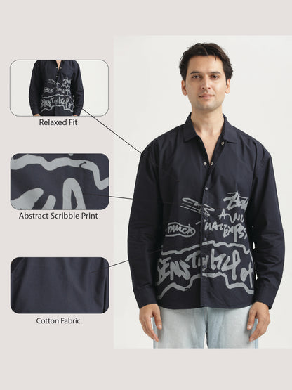 Oversized Cotton Shirt – Scribble Statement Navy
