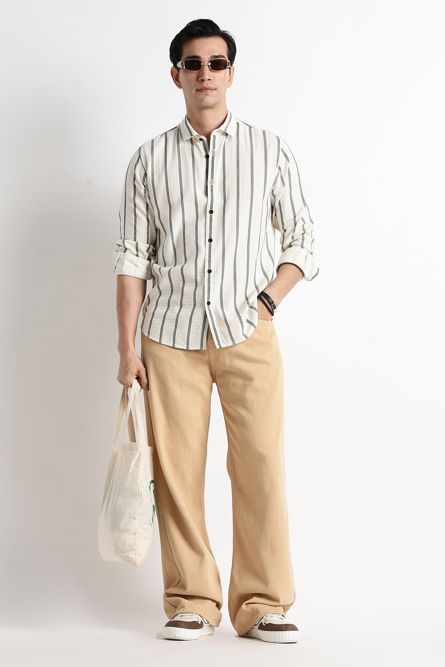 Vertical Stripe Textured Shirt Off White