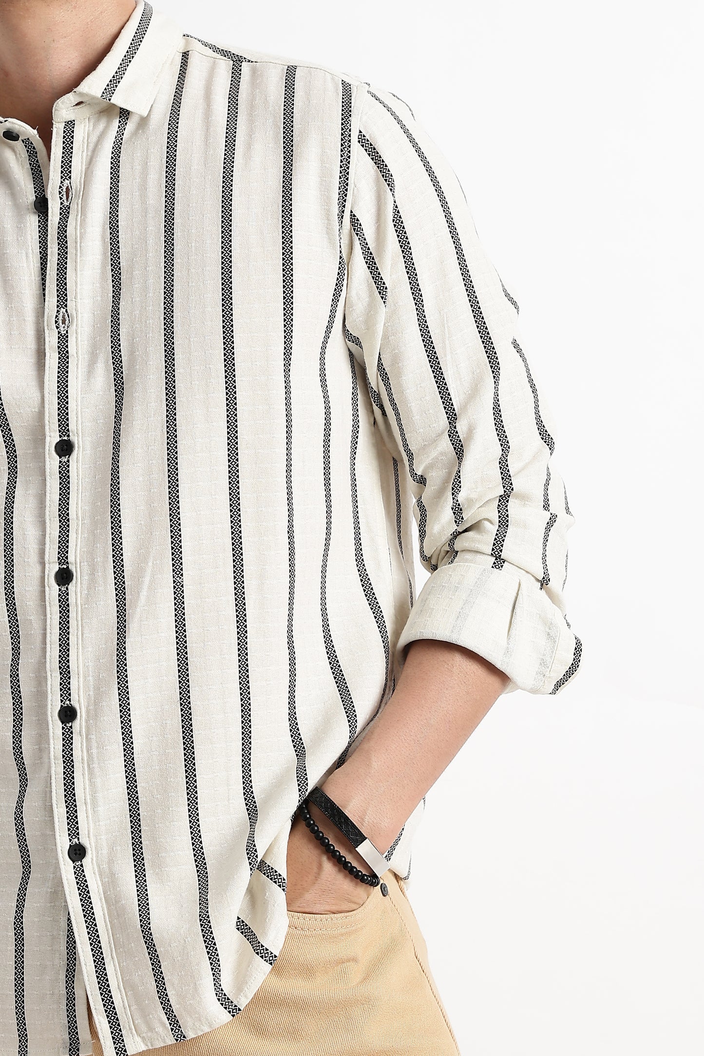 Vertical Stripe Textured Shirt Off White