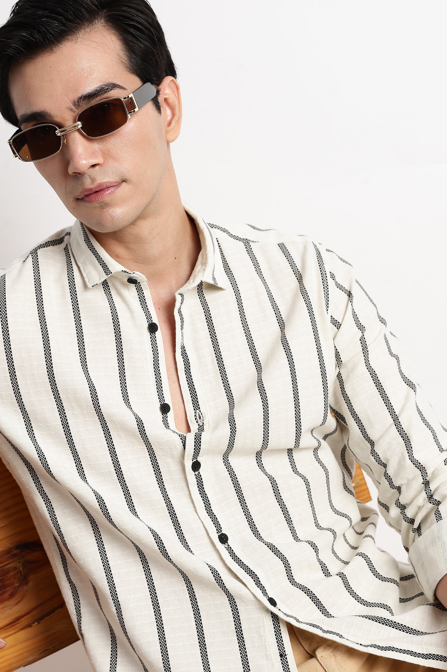 Vertical Stripe Textured Shirt Off White