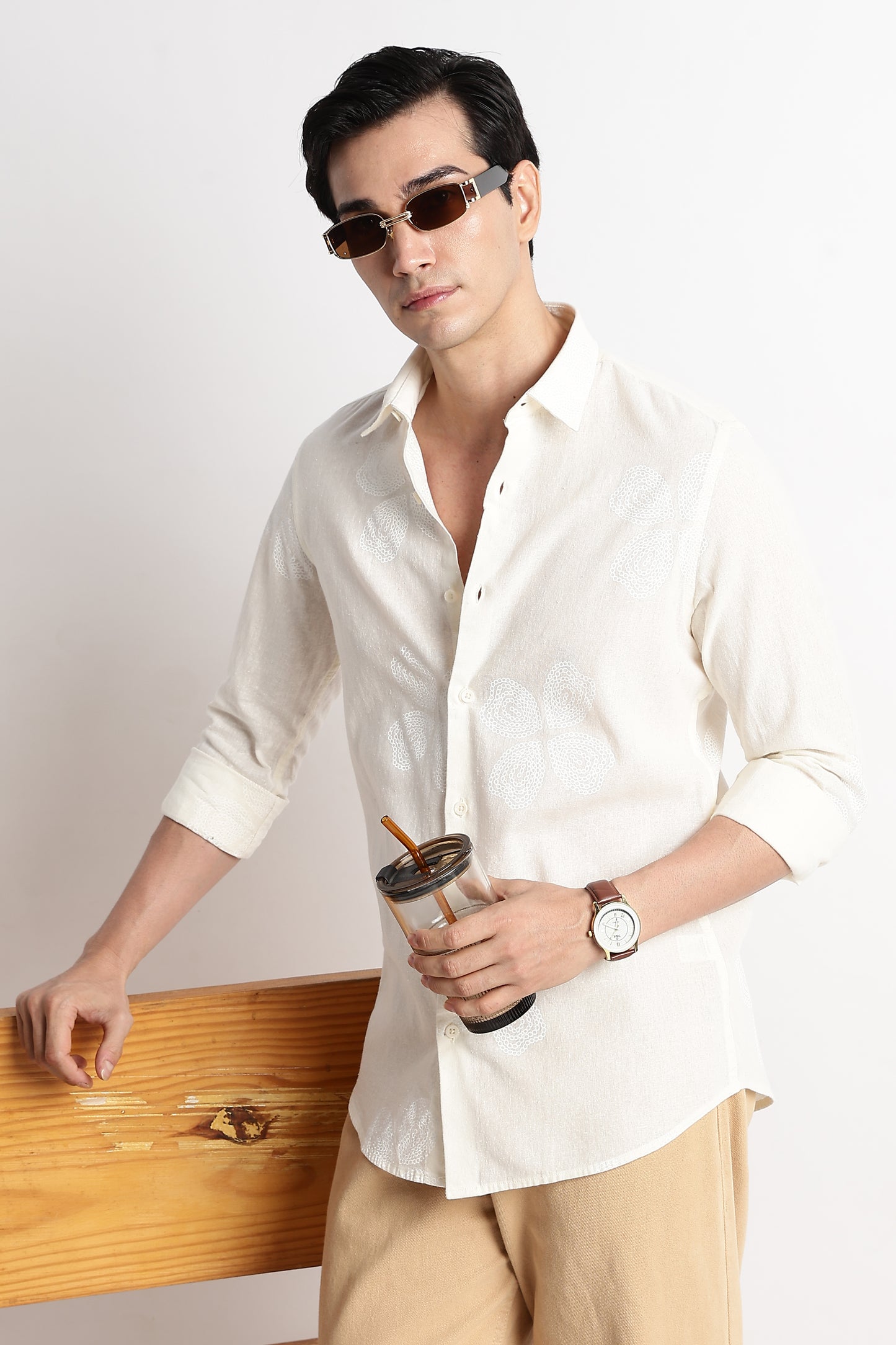 Floral Embroidered Cotton Linen Shirt Off White