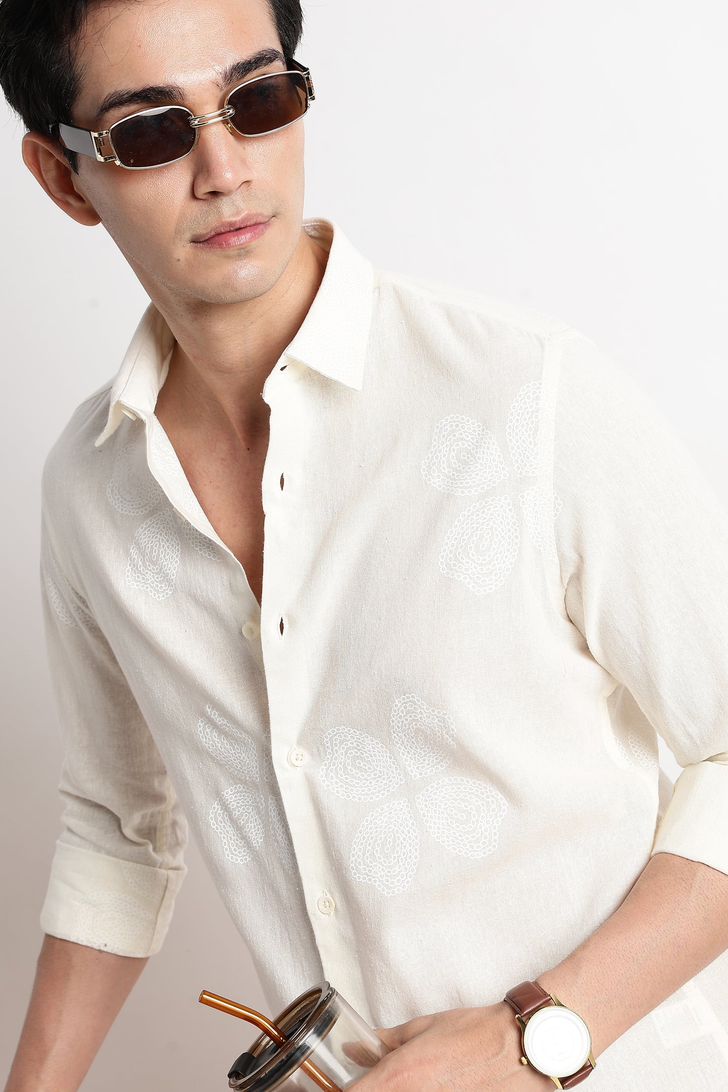 Floral Embroidered Cotton Linen Shirt Off White