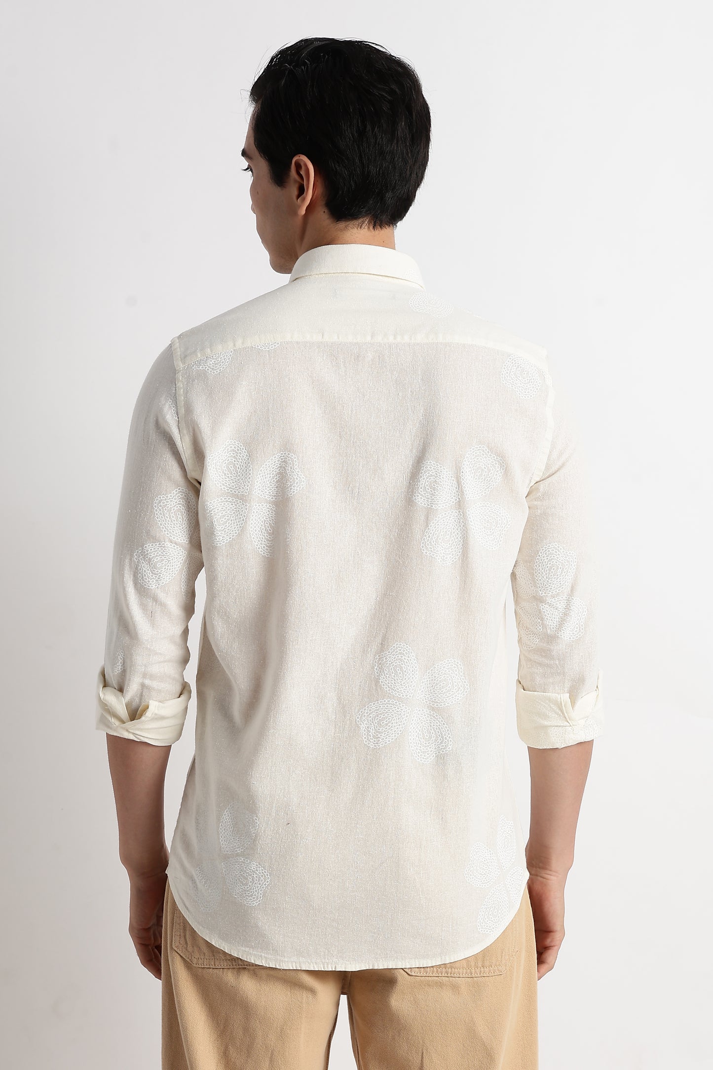 Floral Embroidered Cotton Linen Shirt Off White