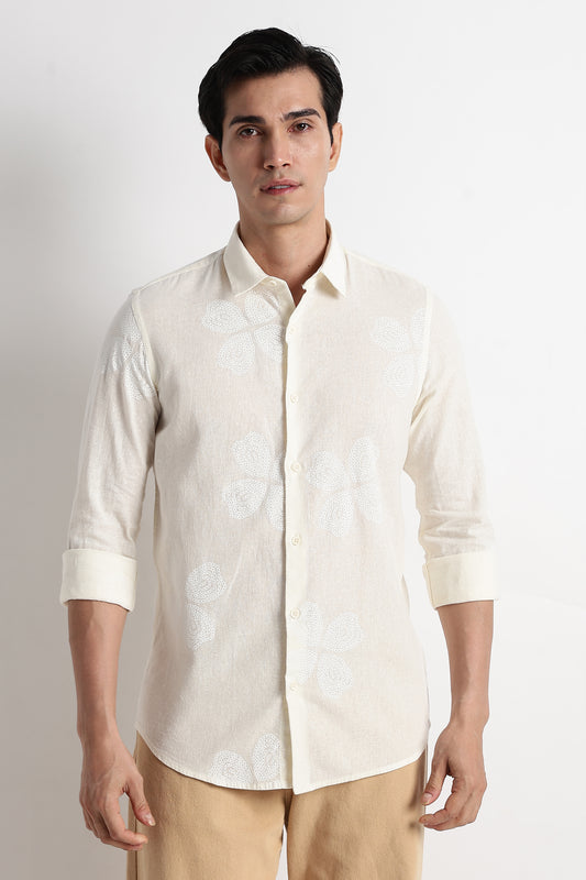 Floral Embroidered Cotton Linen Shirt Off White