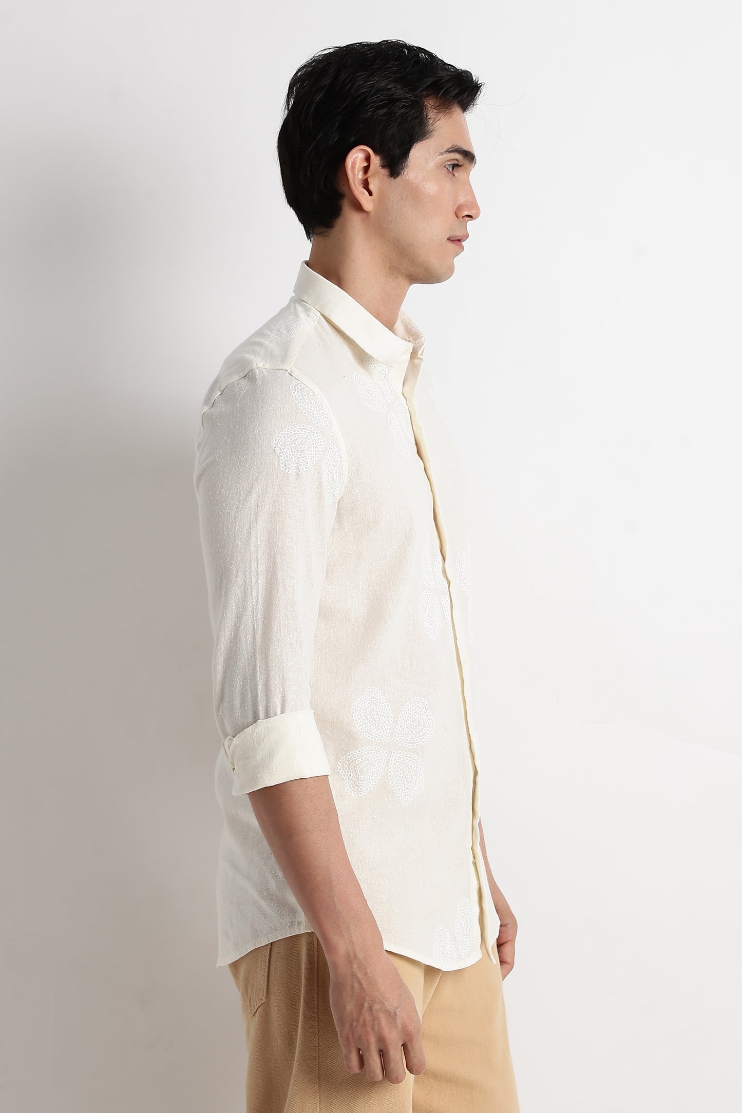 Floral Embroidered Cotton Linen Shirt Off White