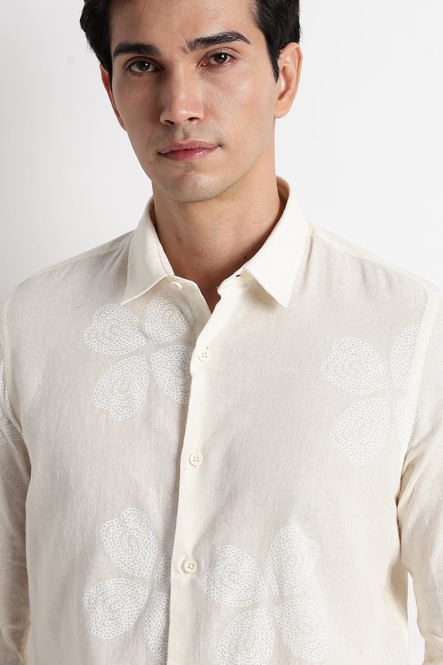 Floral Embroidered Cotton Linen Shirt Off White