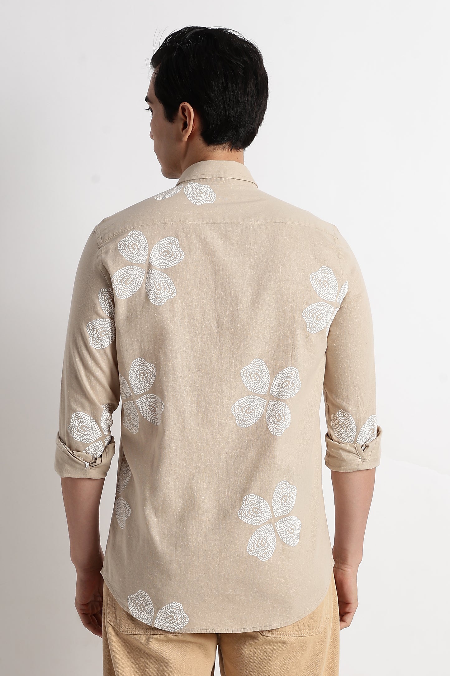 Floral Embroidered Cotton Linen Shirt Cream