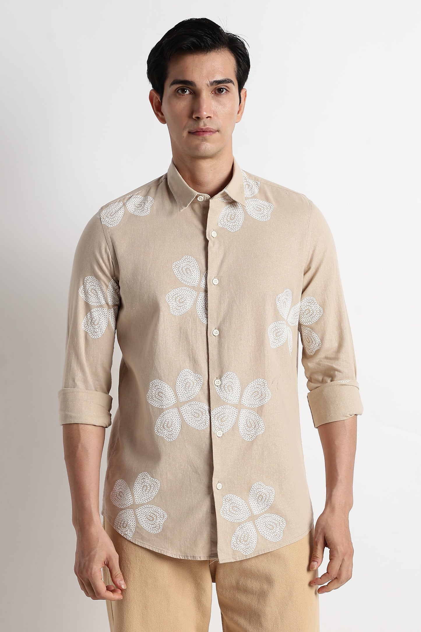 Floral Embroidered Cotton Linen Shirt Cream
