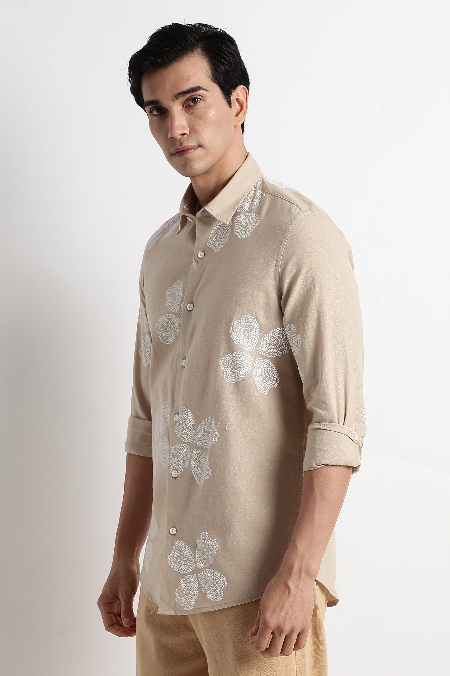 Floral Embroidered Cotton Linen Shirt Cream