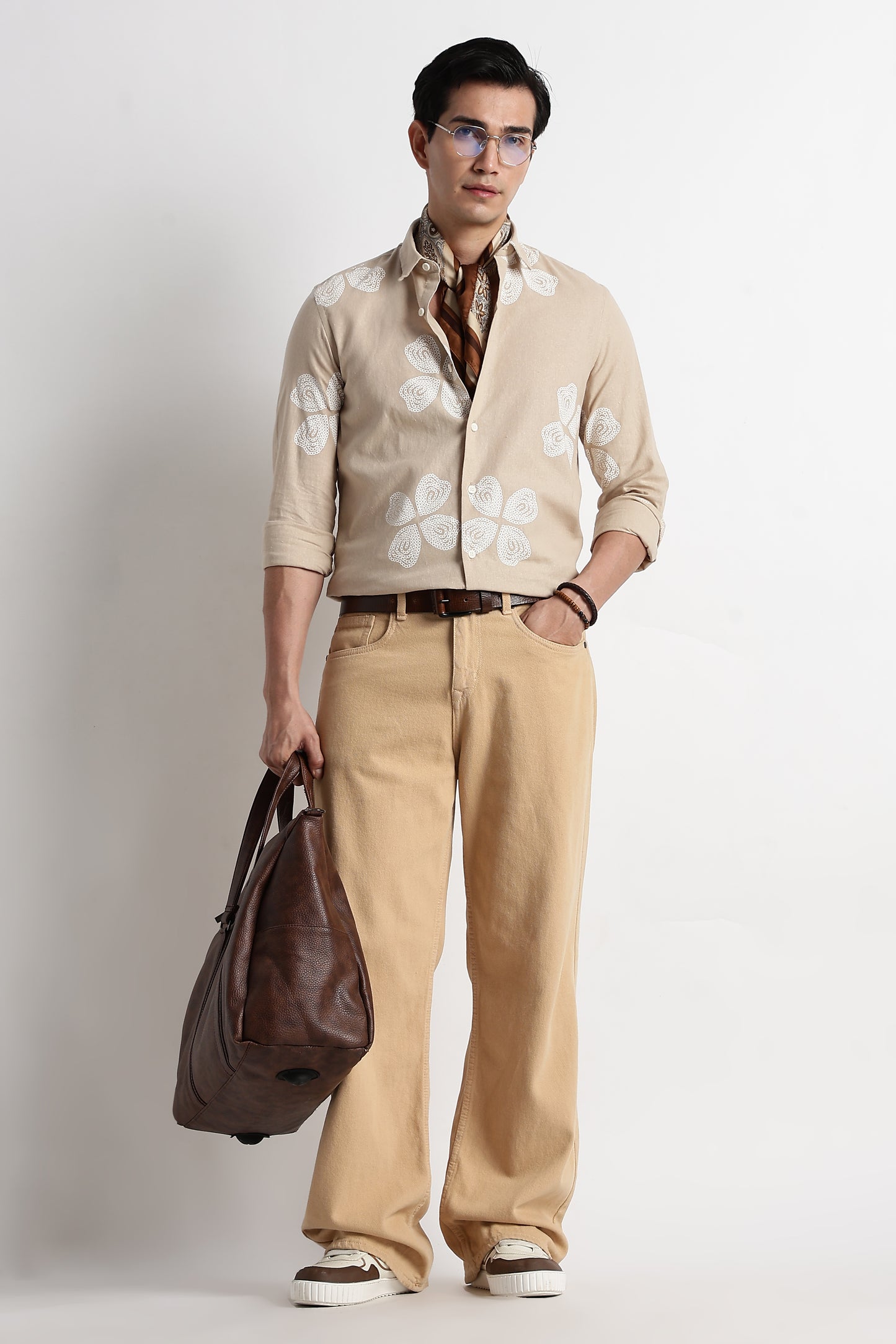 Floral Embroidered Cotton Linen Shirt Cream