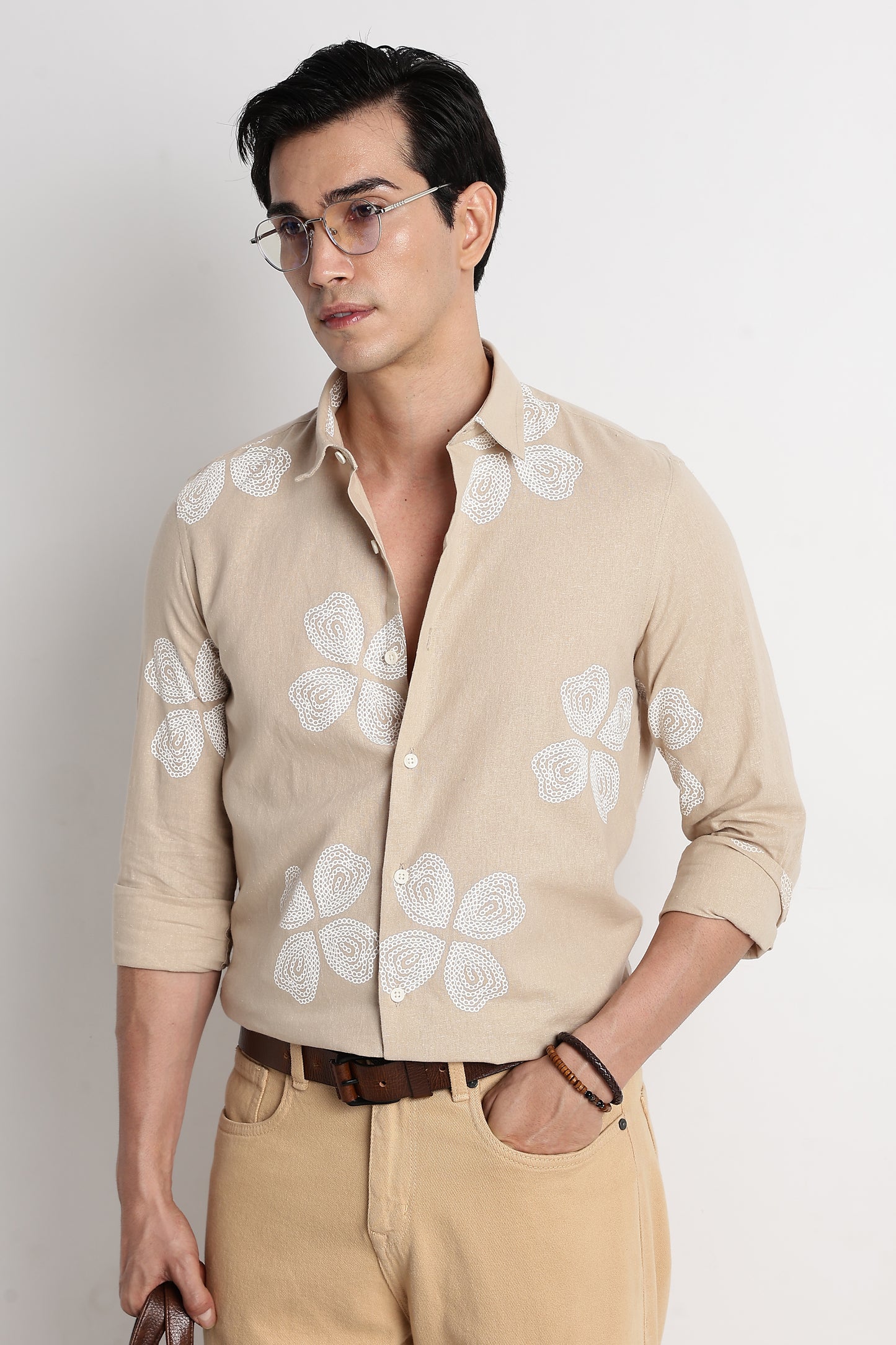 Floral Embroidered Cotton Linen Shirt Cream