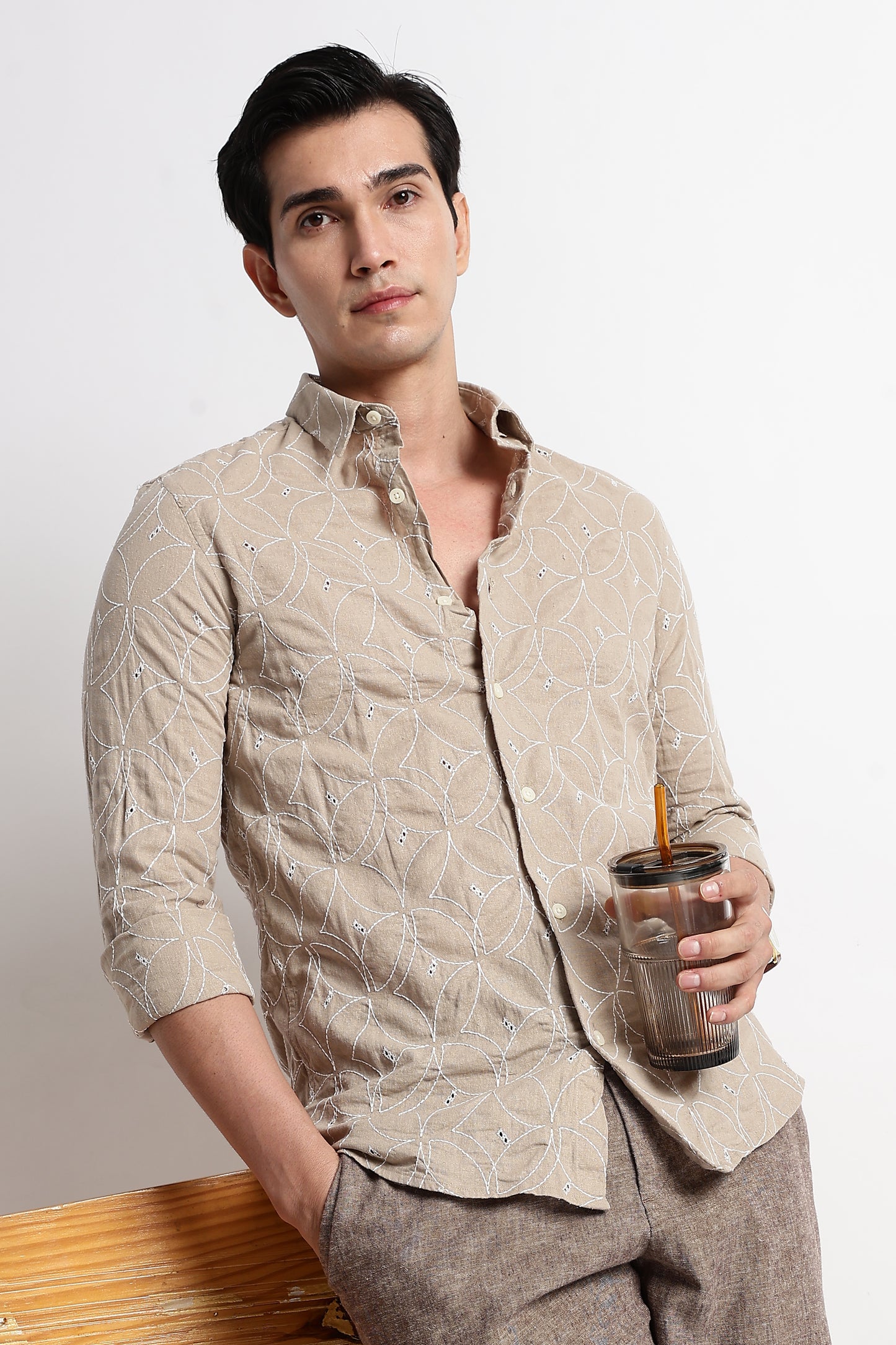 Textured Shirt with Embroidery Cream