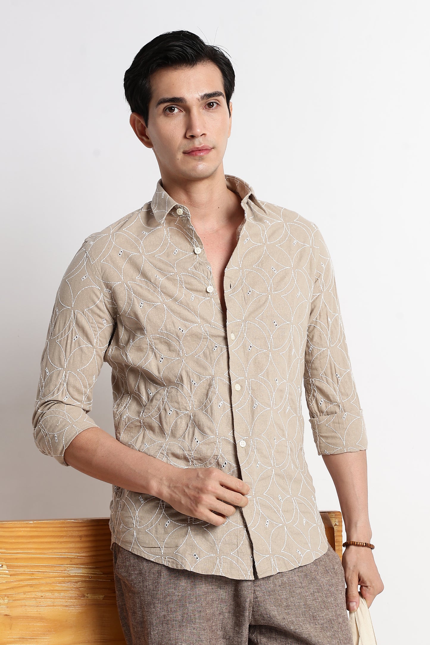 Textured Shirt with Embroidery Lt Brown