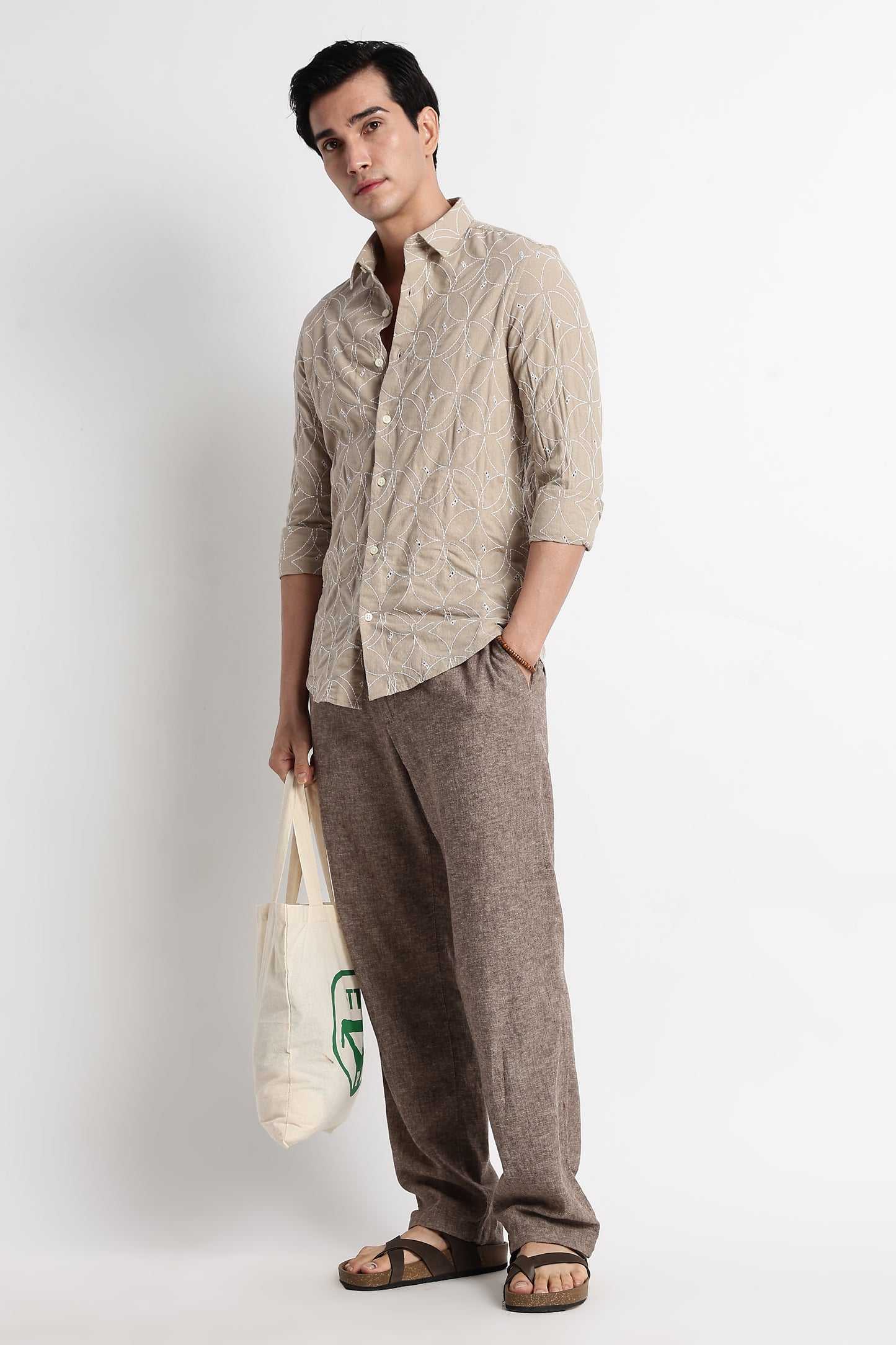 Textured Shirt with Embroidery Lt Brown