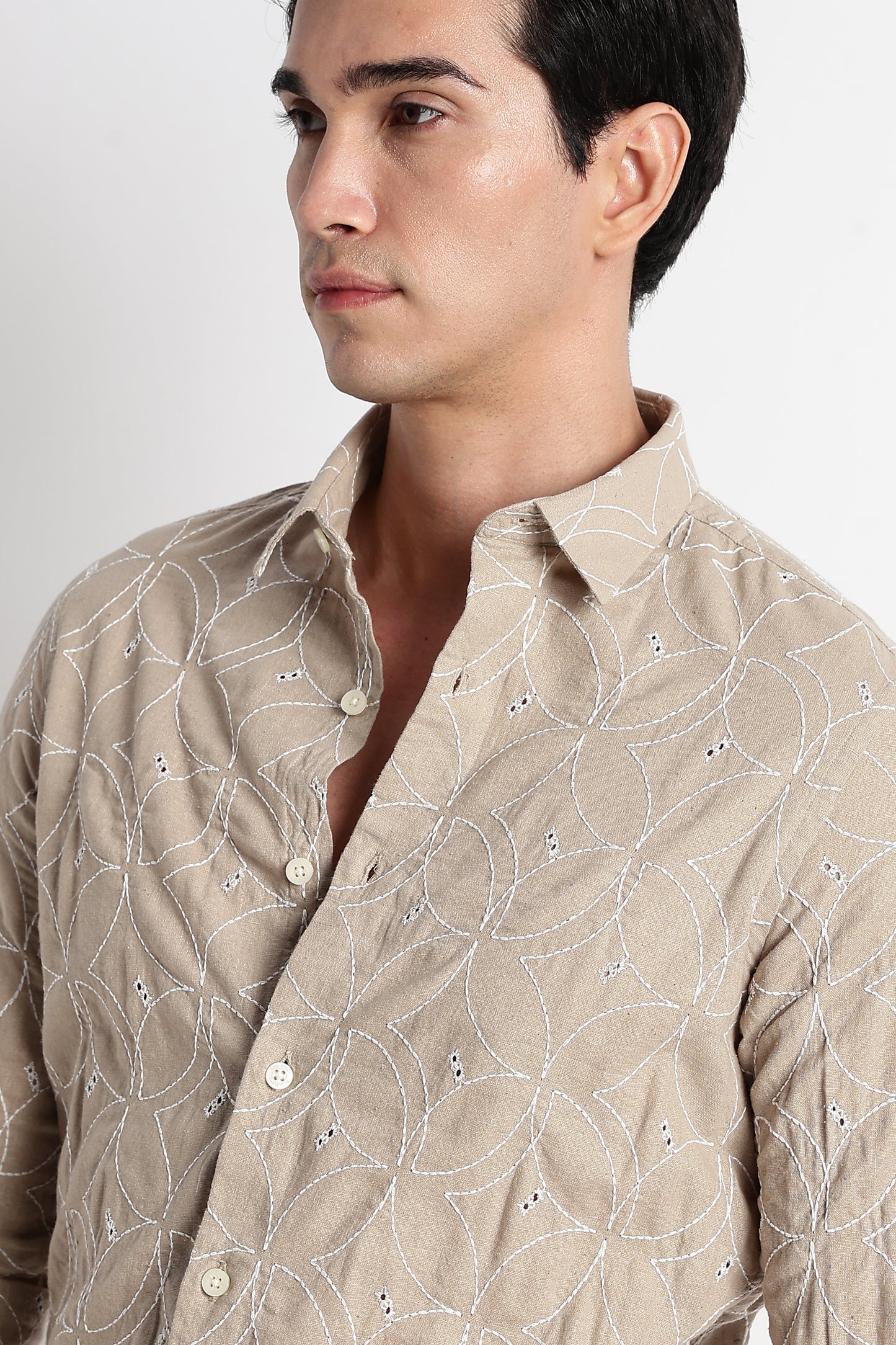 Textured Shirt with Embroidery Lt Brown
