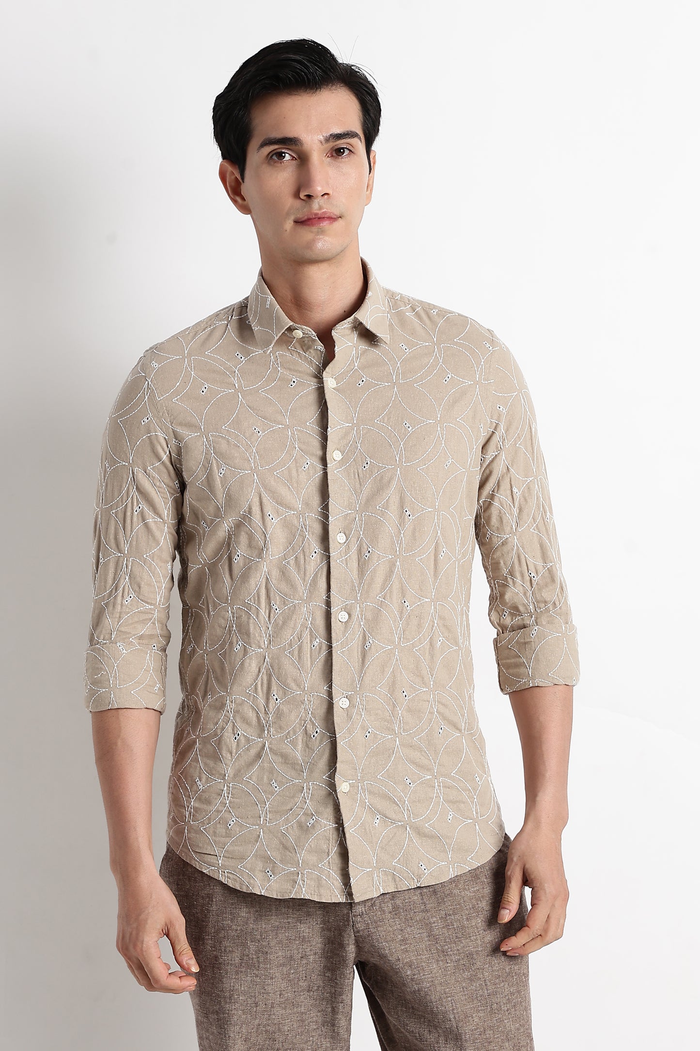 Textured Shirt with Embroidery Lt Brown