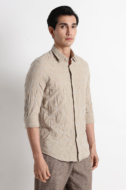 Textured Shirt with Embroidery Lt Brown