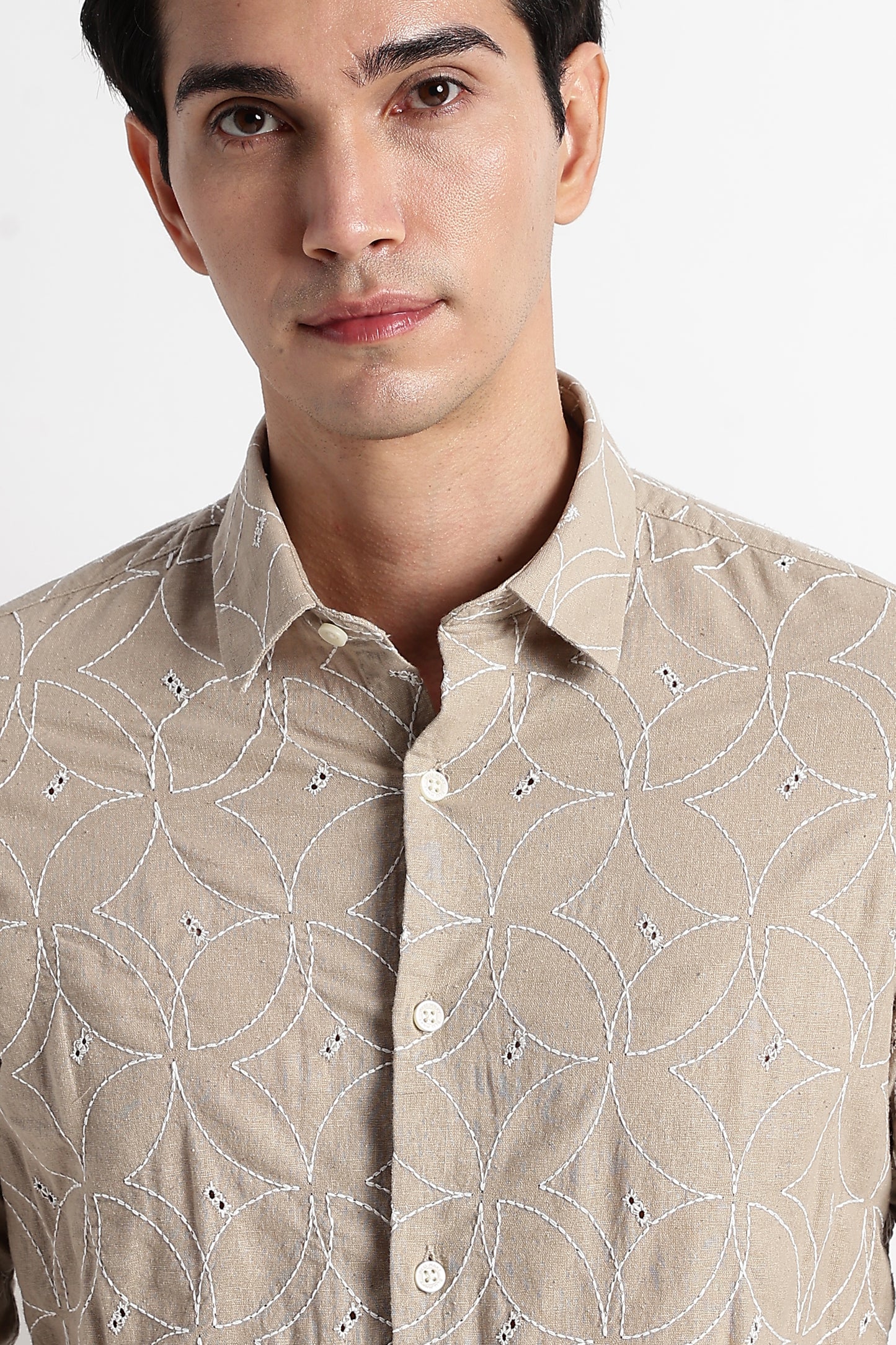 Textured Shirt with Embroidery Lt Brown