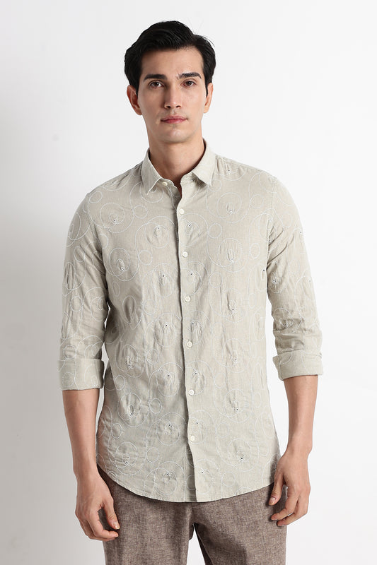 Textured Embroidered Cotton Shirt Lt Green