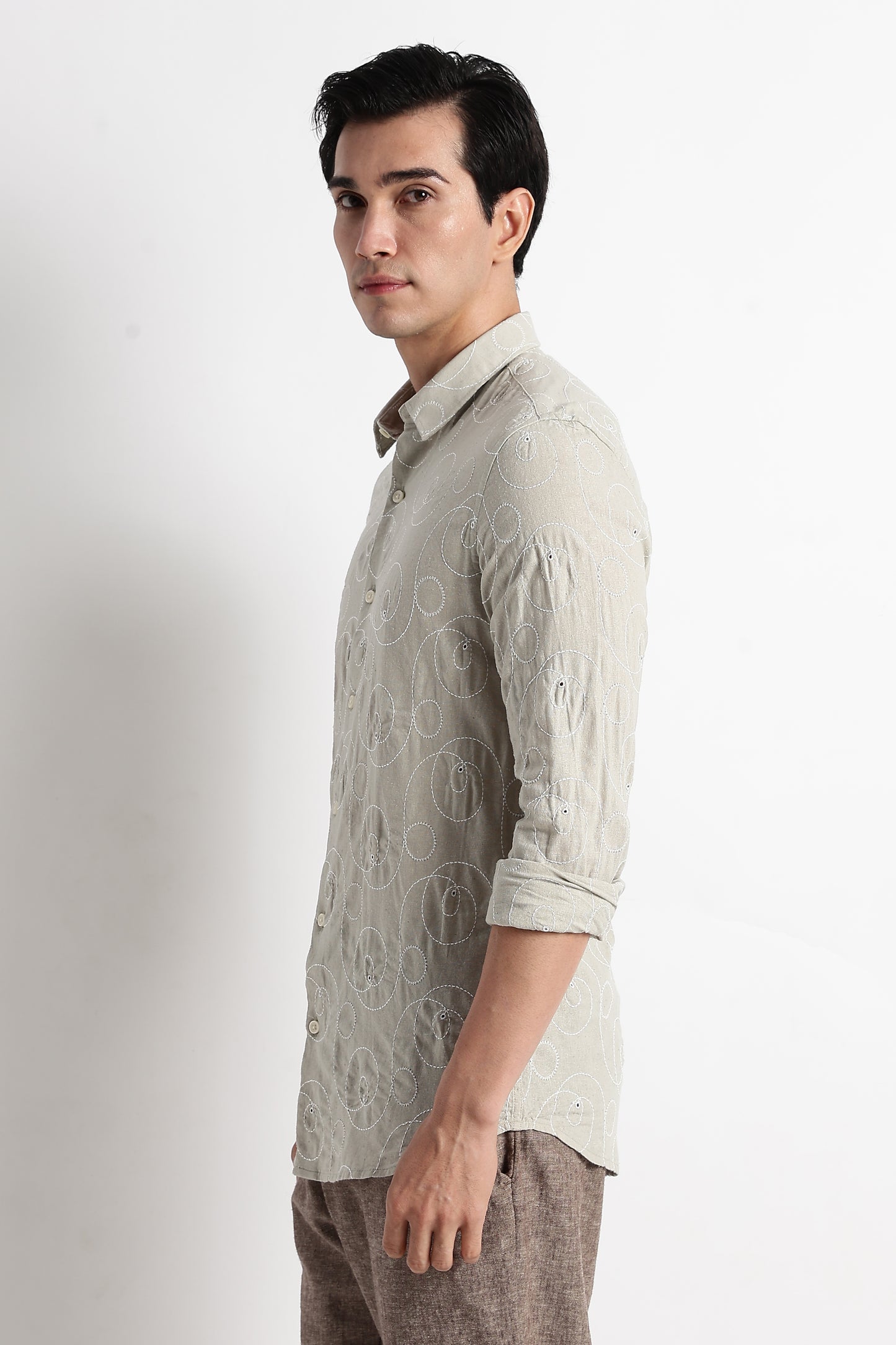 Textured Embroidered Cotton Shirt Lt Green