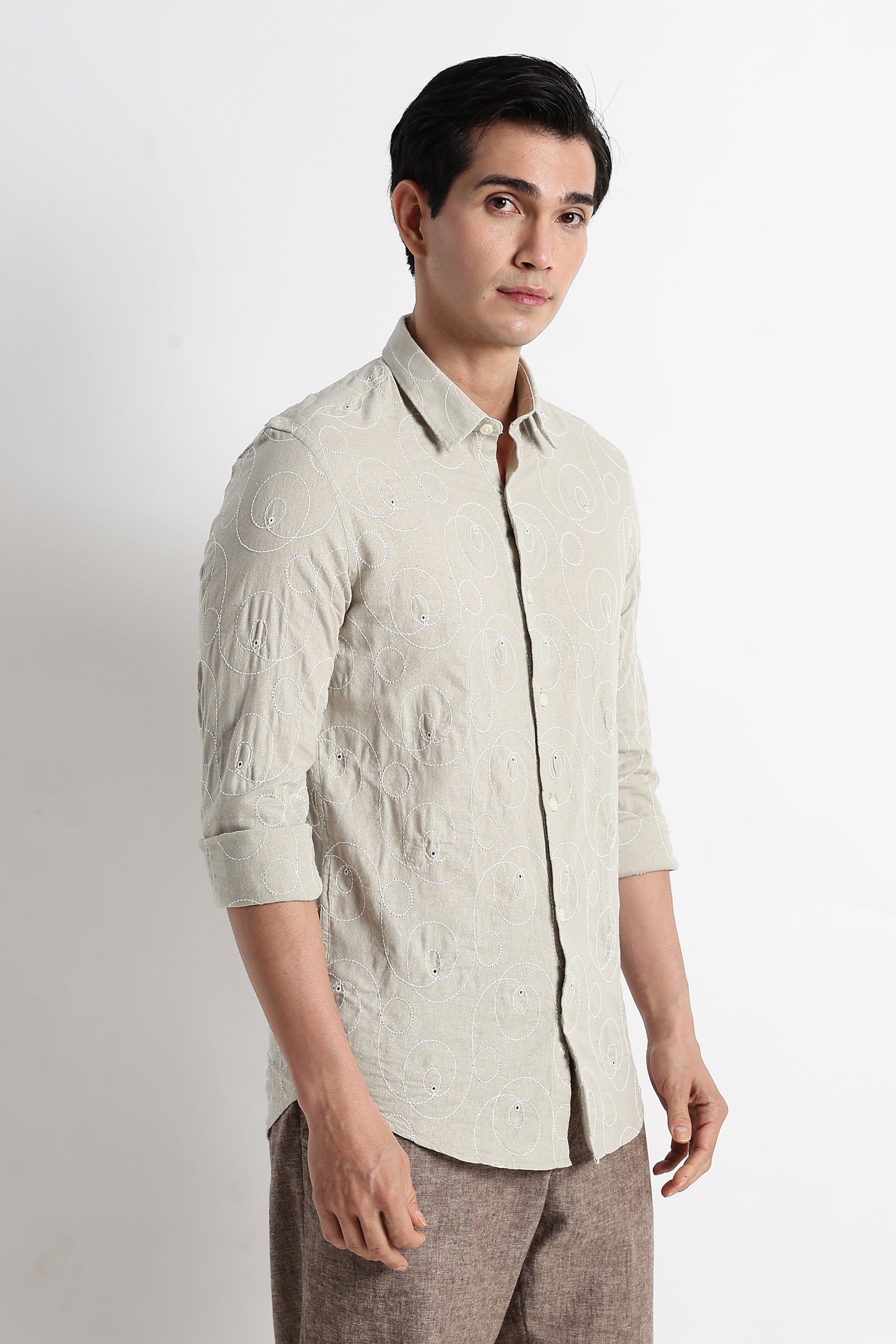 Textured Embroidered Cotton Shirt Lt Green