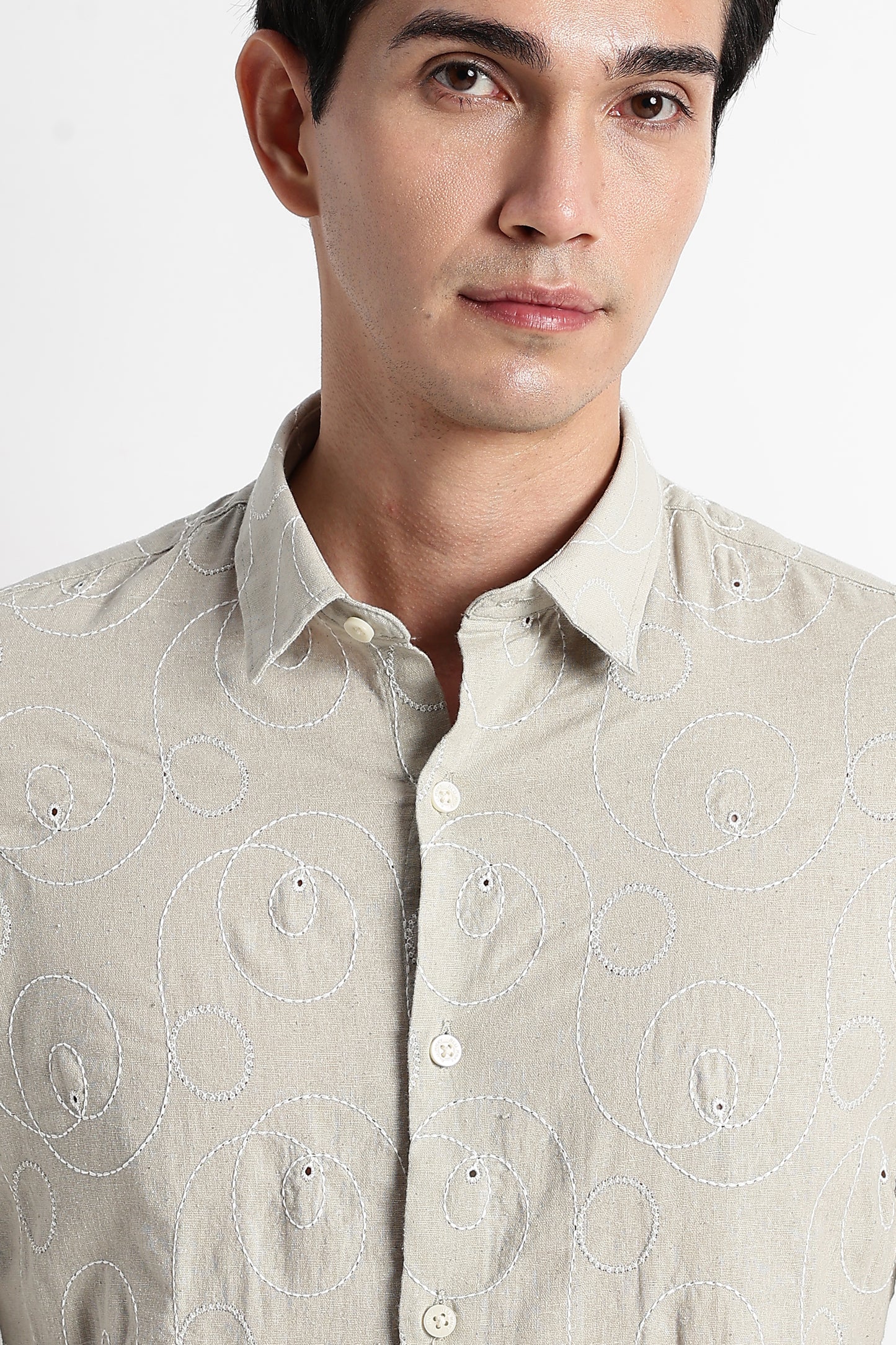 Textured Embroidered Cotton Shirt Lt Green