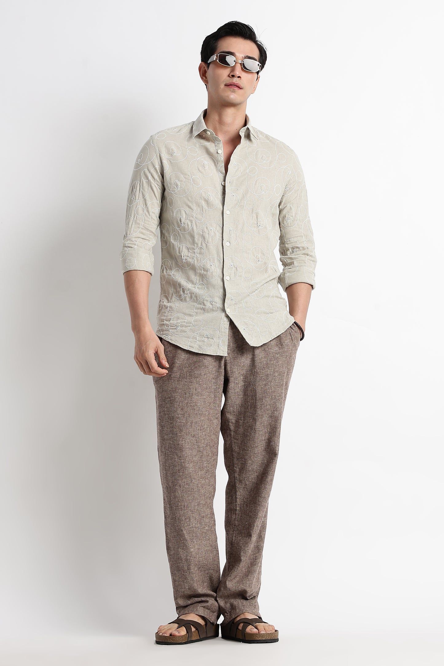 Textured Embroidered Cotton Shirt Lt Green