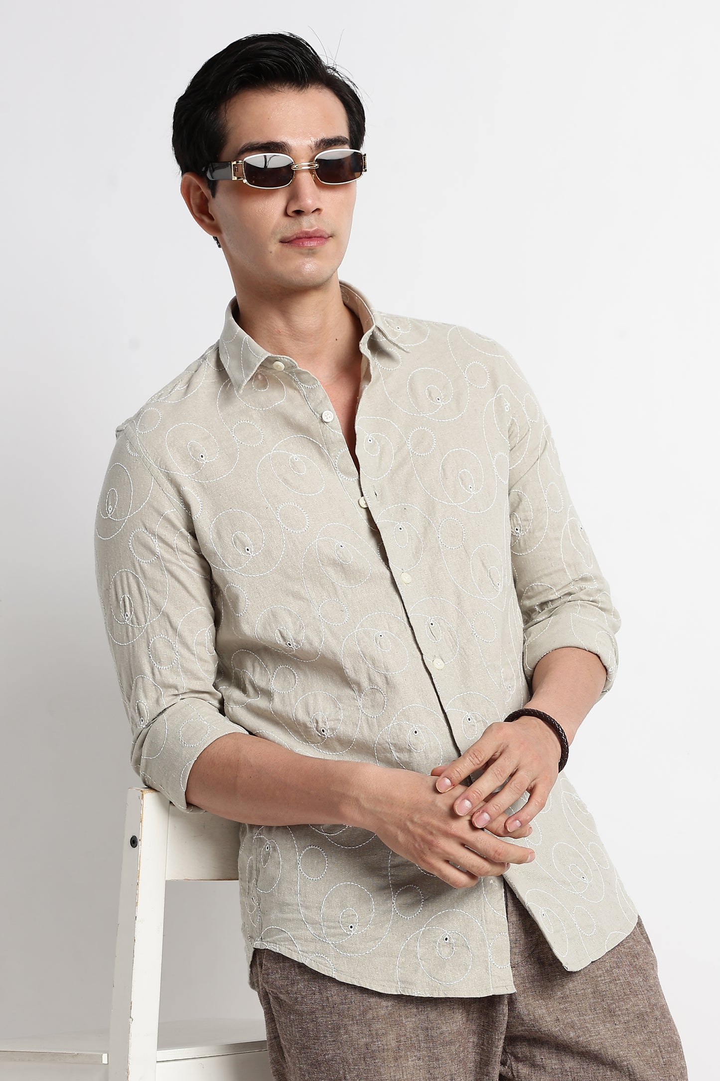 Textured Embroidered Cotton Shirt Lt Green