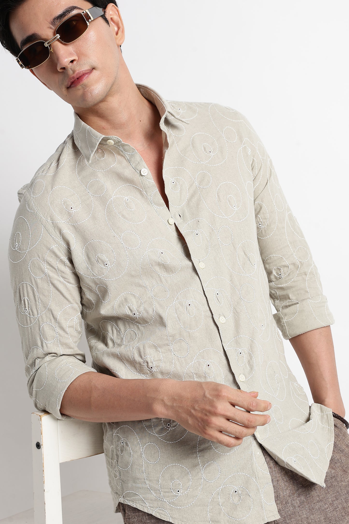 Textured Embroidered Cotton Shirt Lt Green