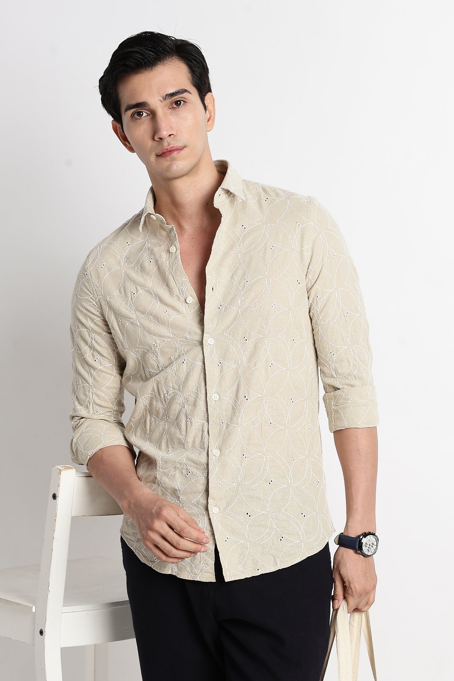 Textured Shirt with Embroidery Beige