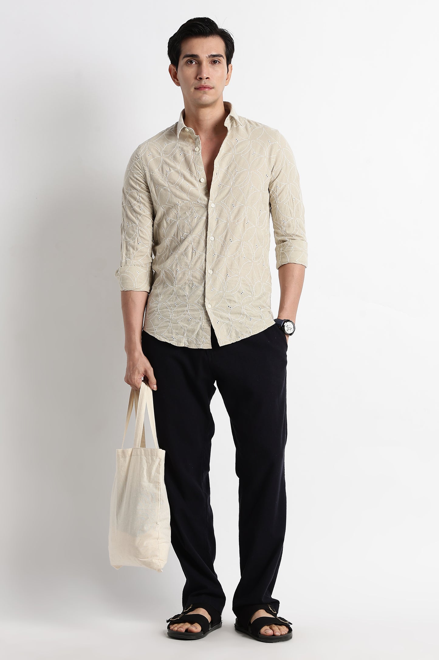 Textured Shirt with Embroidery Beige
