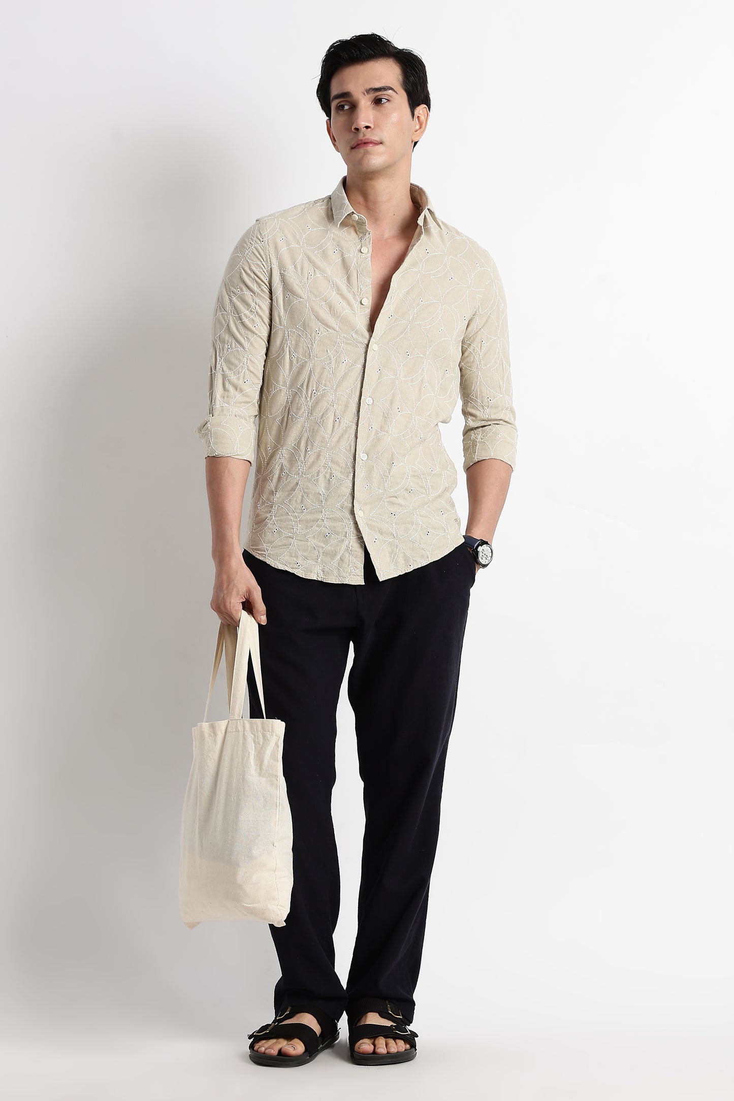 Textured Shirt with Embroidery Beige