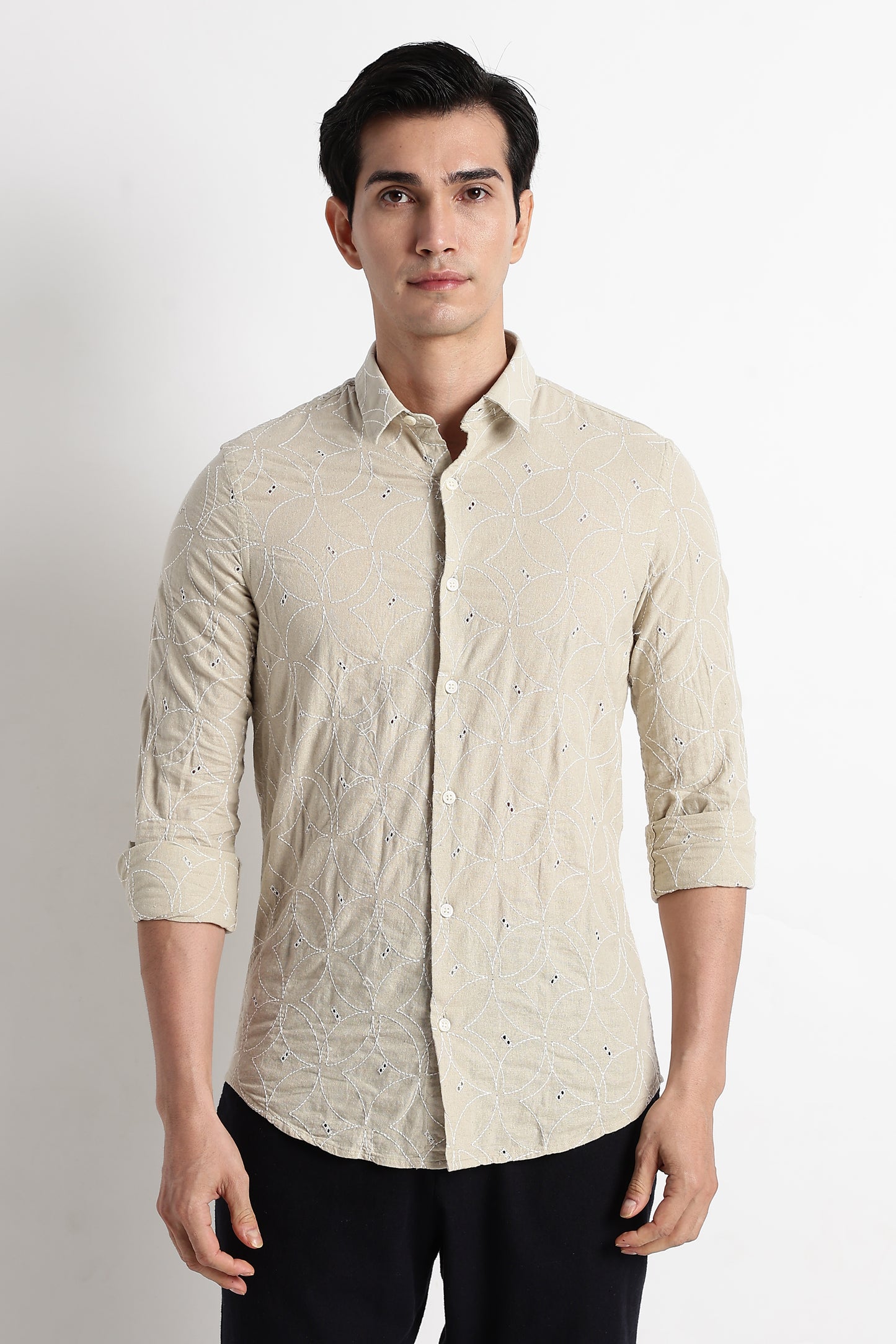 Textured Shirt with Embroidery Beige