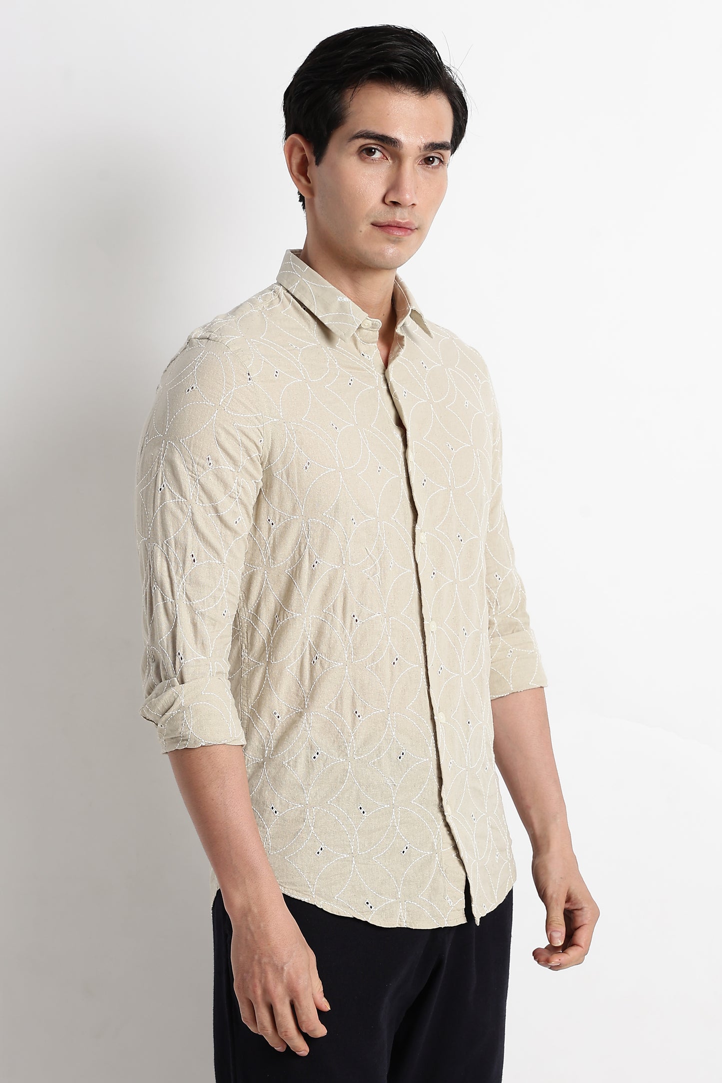 Textured Shirt with Embroidery Beige
