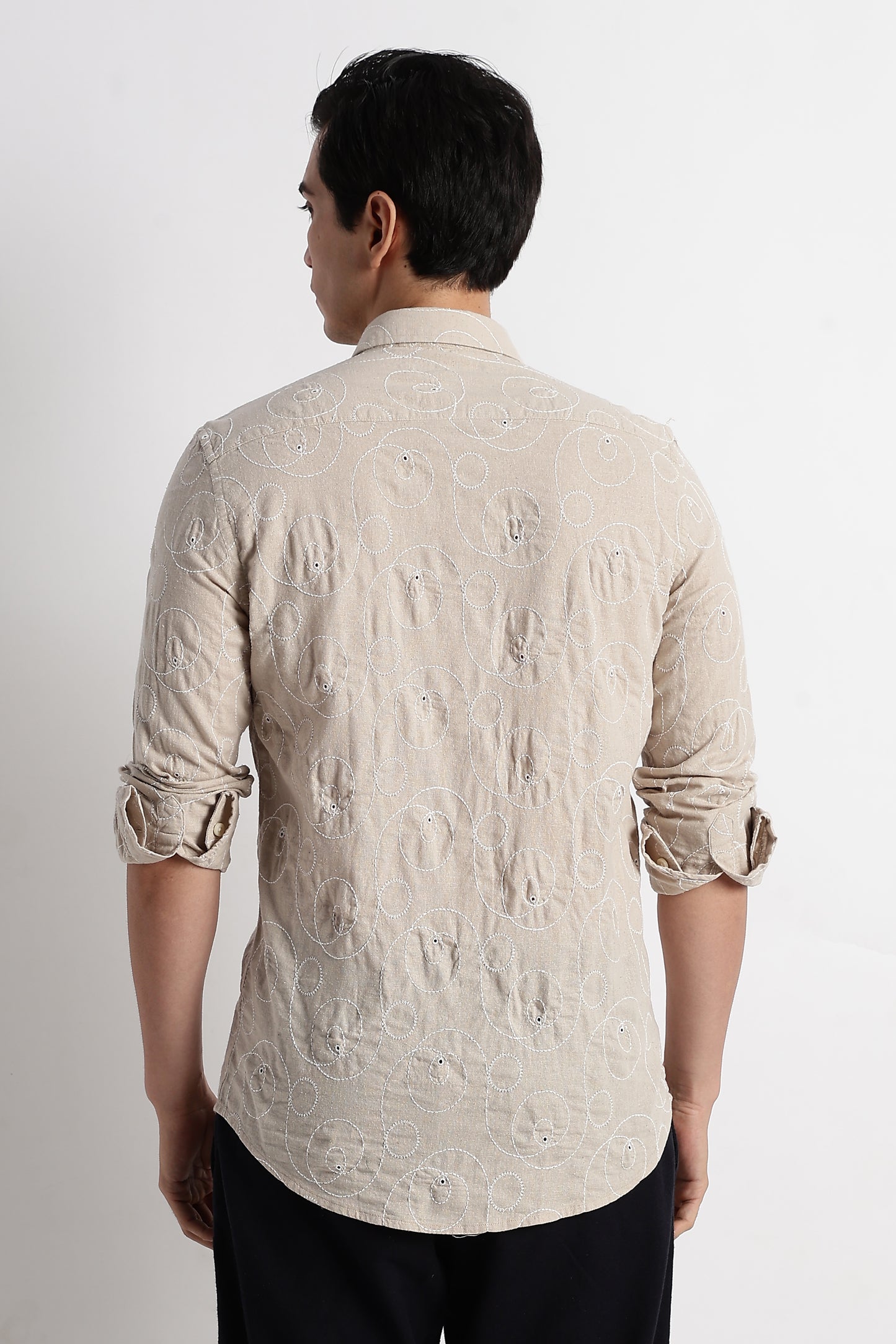 Textured Embroidered Cotton Shirt Cream