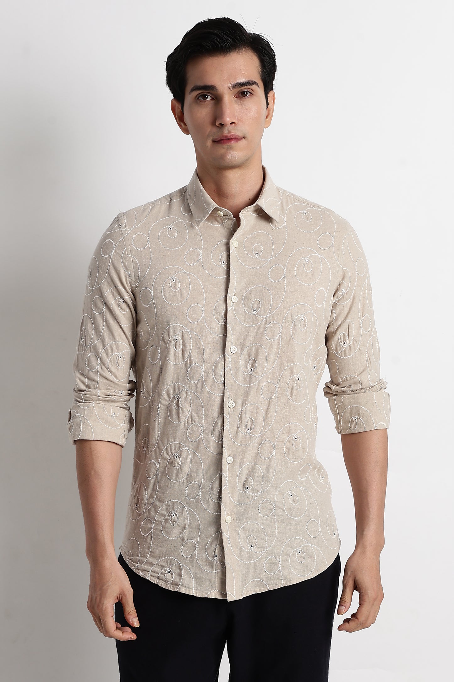 Textured Embroidered Cotton Shirt Cream