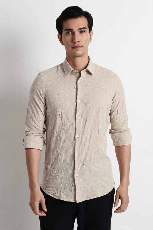 Textured Embroidered Cotton Shirt Cream