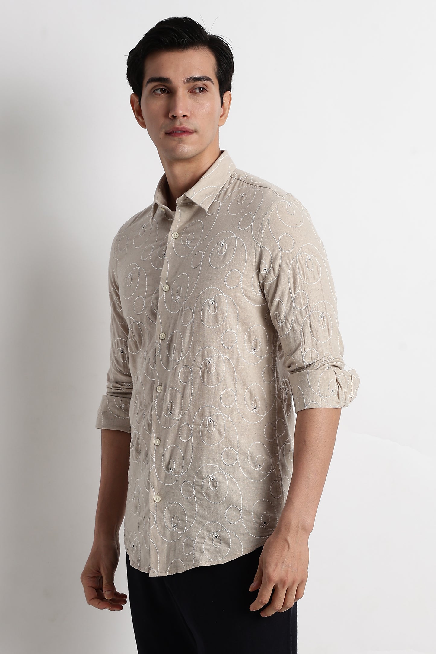 Textured Embroidered Cotton Shirt Cream
