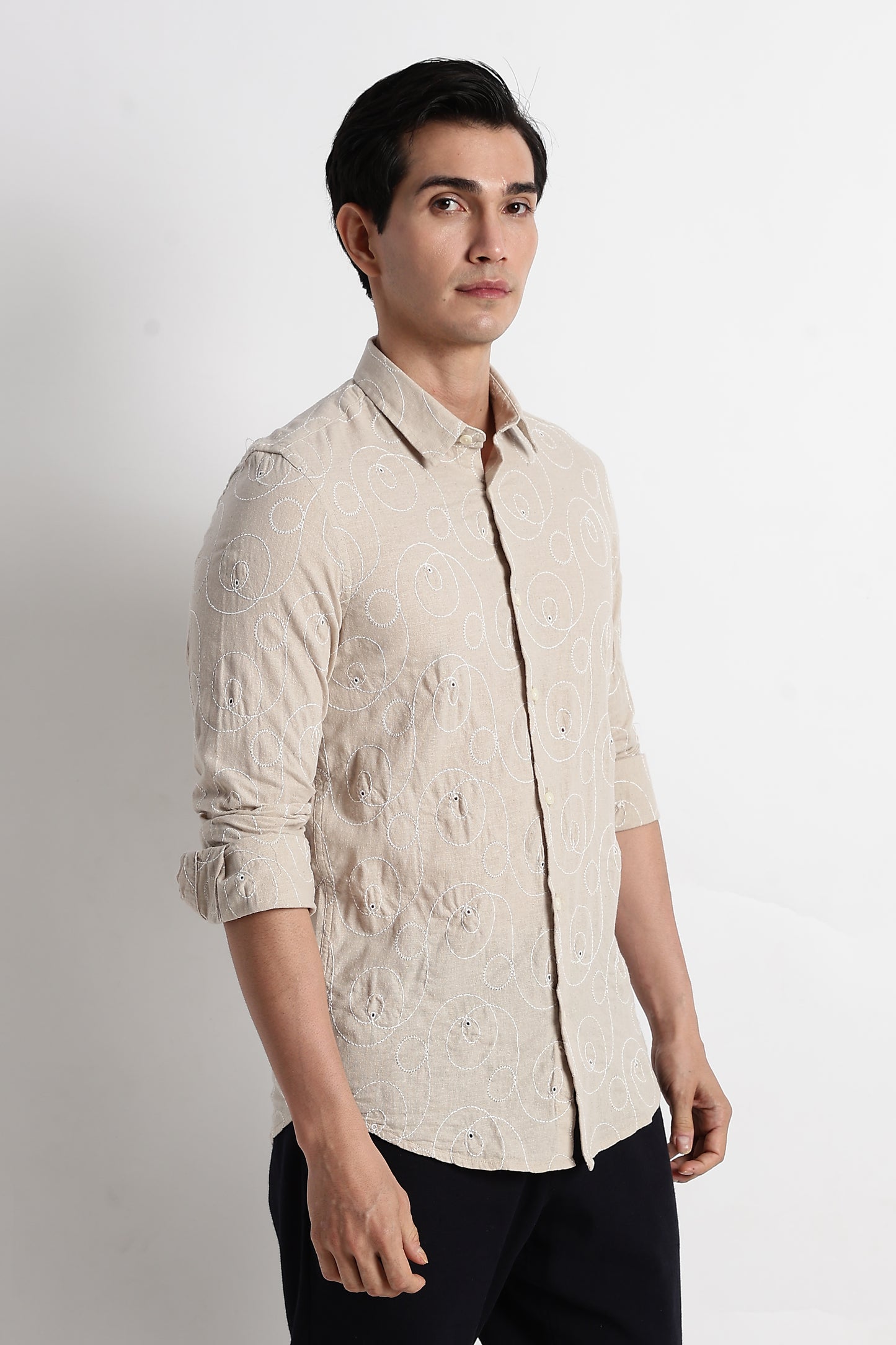 Textured Embroidered Cotton Shirt Cream