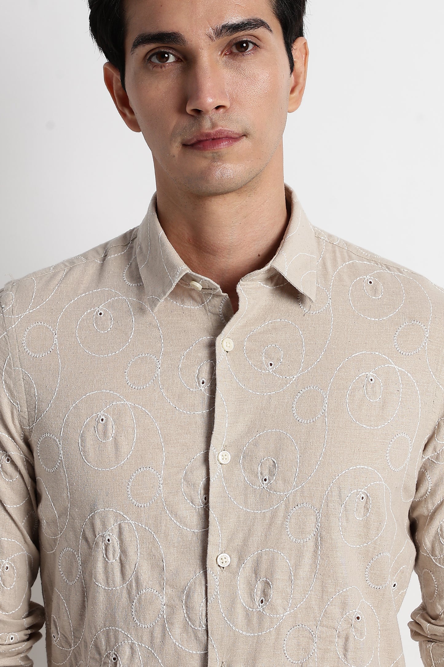 Textured Embroidered Cotton Shirt Cream
