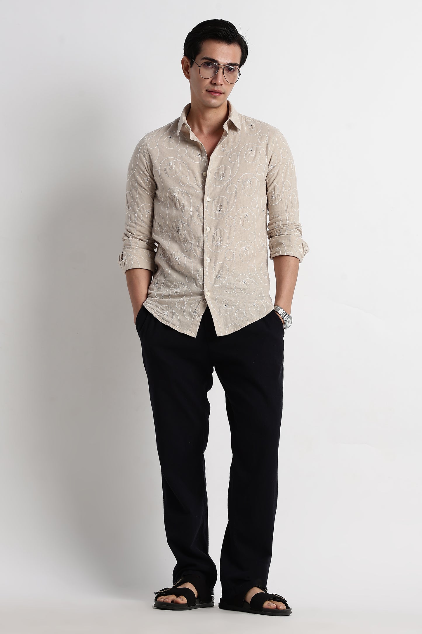 Textured Embroidered Cotton Shirt Cream